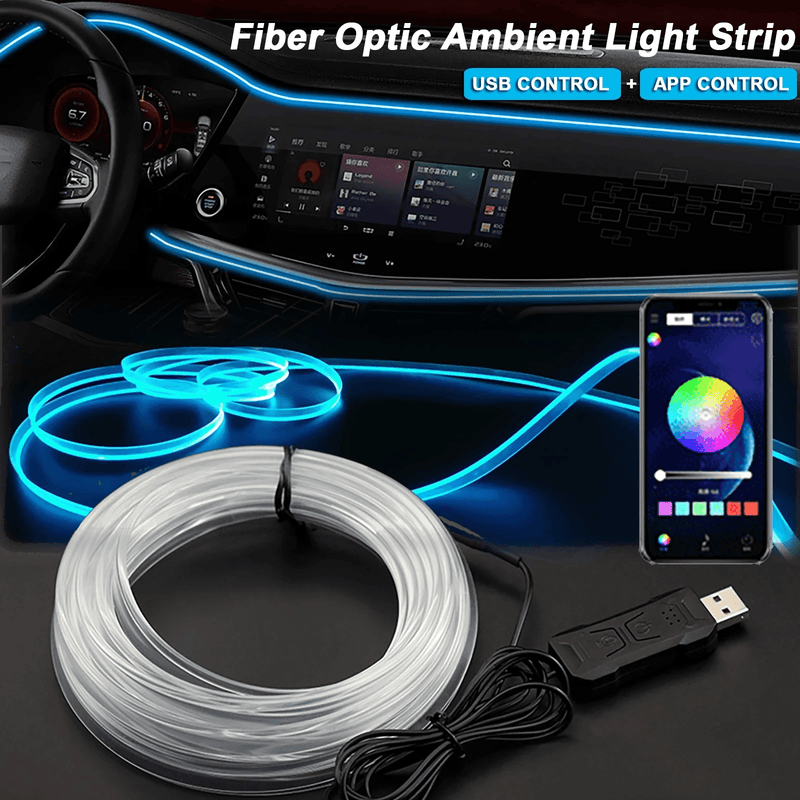 Tira de luz LED ambiente interior do carro, USB invisível, fibra ótica, lâmpada atmosférica, controle de aplicativos, RGB, 2 m, 3 m, 4 m, 5m